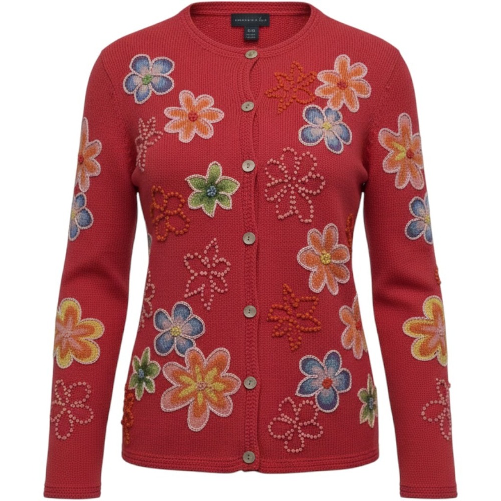 Northern Isles Pink Floral Embroidered Cardigan Sweater Ramie Cotton Medium